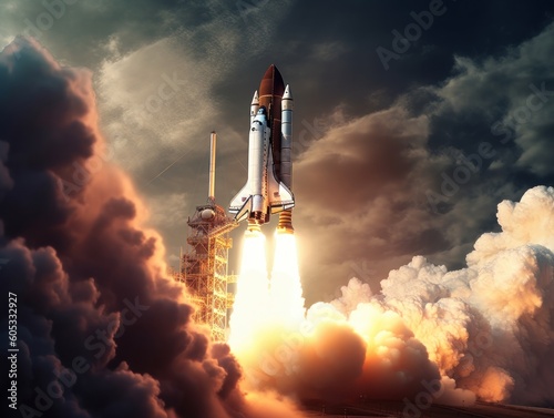 Space shuttle taking off into the sky Created with Generative AI technology