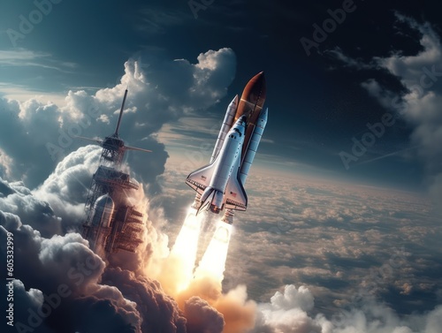 Space shuttle taking off into the sky Created with Generative AI technology photo