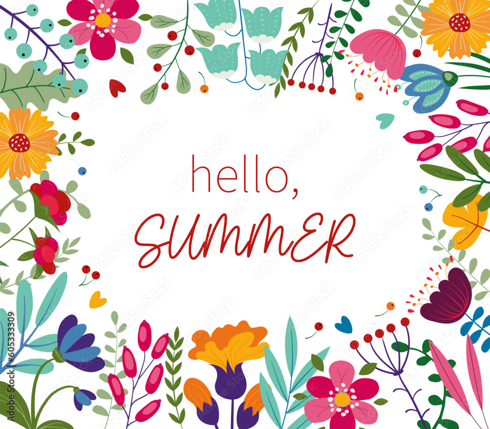 Hello Summer concept design, abstract illustration with exotic leaves, colorful design, summer background banner