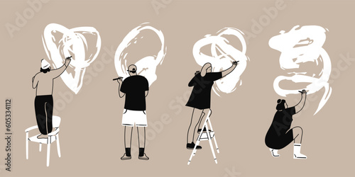 Set of people standing, sitting and writing on a wall. Different brush strokes, abstract shapes. Back view. Cartoon style characters. Isolated design elements. Hand drawn trendy Vector illustration