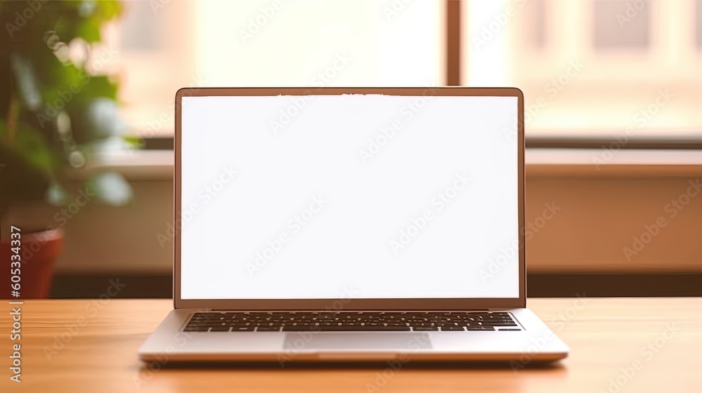 Fototapeta premium Laptop with blank screen on table workspace laptop showing blank screen background