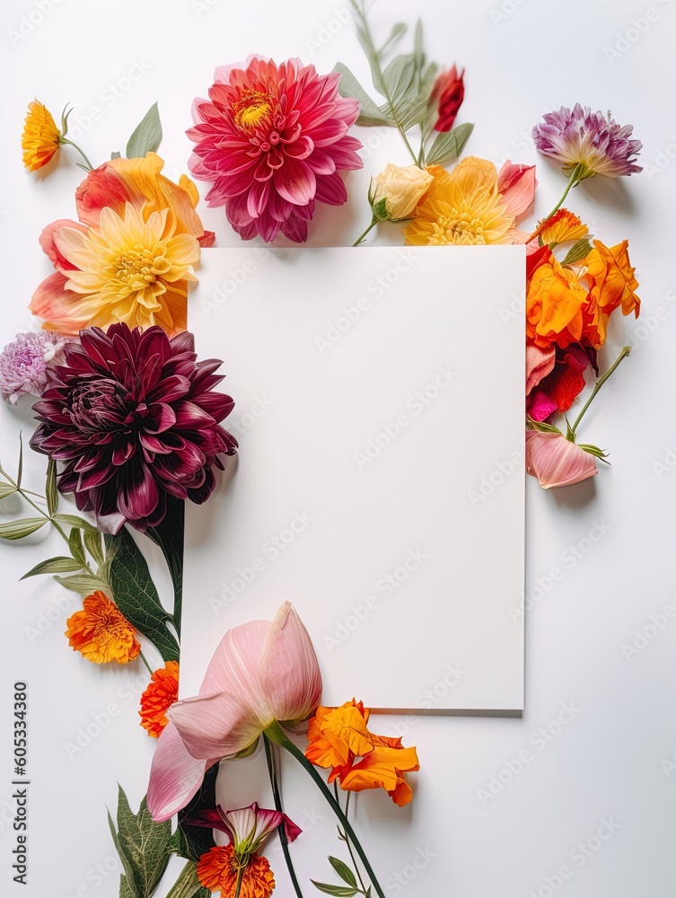 Vertical top view blank card with flowers Abstract organic flowers Blooming floral on white background for invitation card Vertical top view blank card with flowers Abstract organic flowers Blooming floral on white background for invitation card