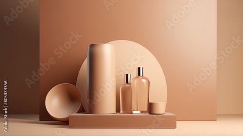 Premium podium background for the presentation cosmetic product foundation cream with one bottle for beauty treatment product on beige background