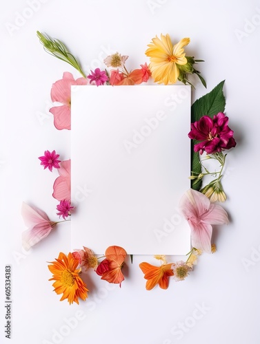 Vertical top view blank card with flowers Abstract organic flowers Blooming floral on white background for invitation card