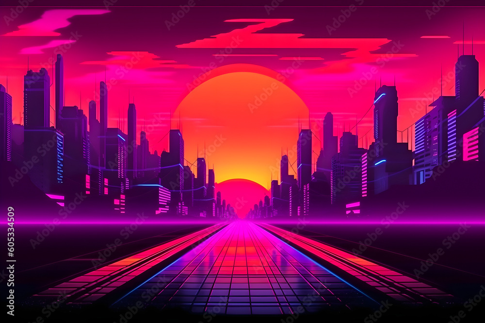 Neon Dreamscape Art: Retro Cyberpunk Sunset with Easy Overlook in Synthwave Background