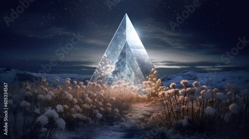 A triangular botanical portal, a gate on the way to another higher dimension. Journey through beautiful secret and picturesque worlds. Parallel dimension timeline concept. Generative AI