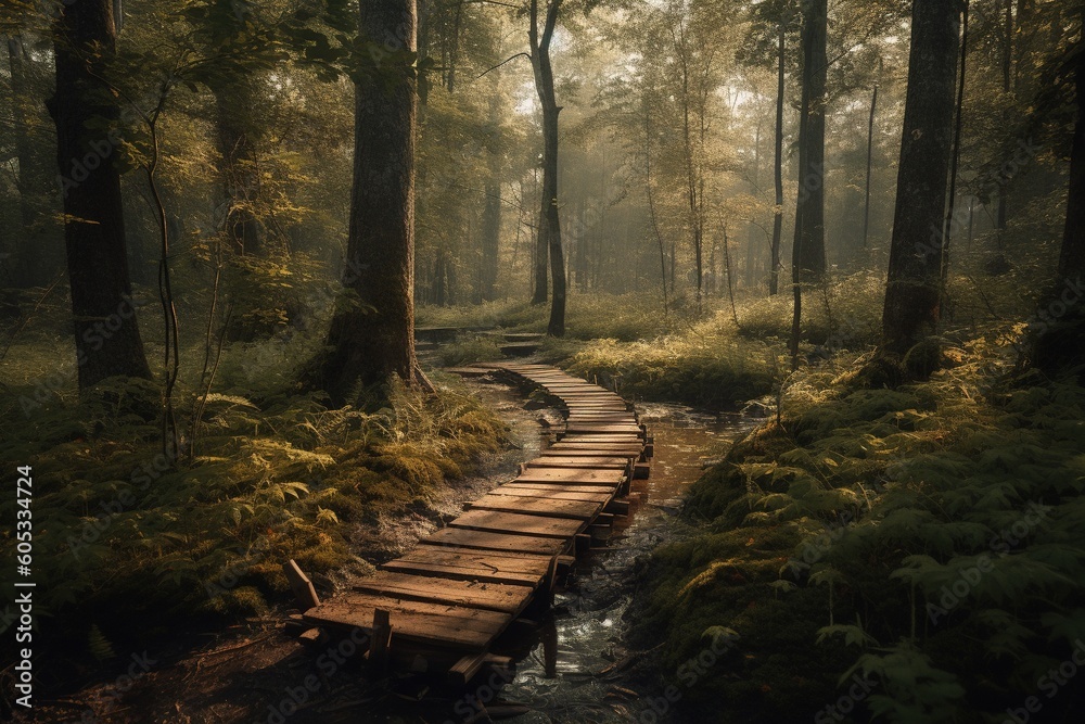 Meandering duckboards path through endless woods . .Generative AI