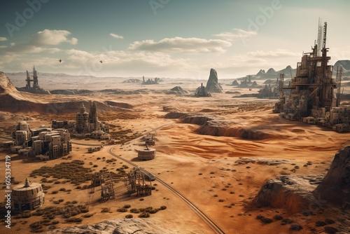 Metropolis in arid landscape painted imaginatively . .Generative AI