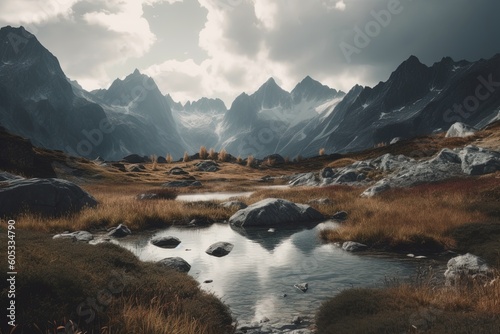 Mountain range landscape with lake .Generative AI