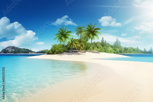 Idyllic tropical beach, natural landscape with palm tree, bright sunny day. 