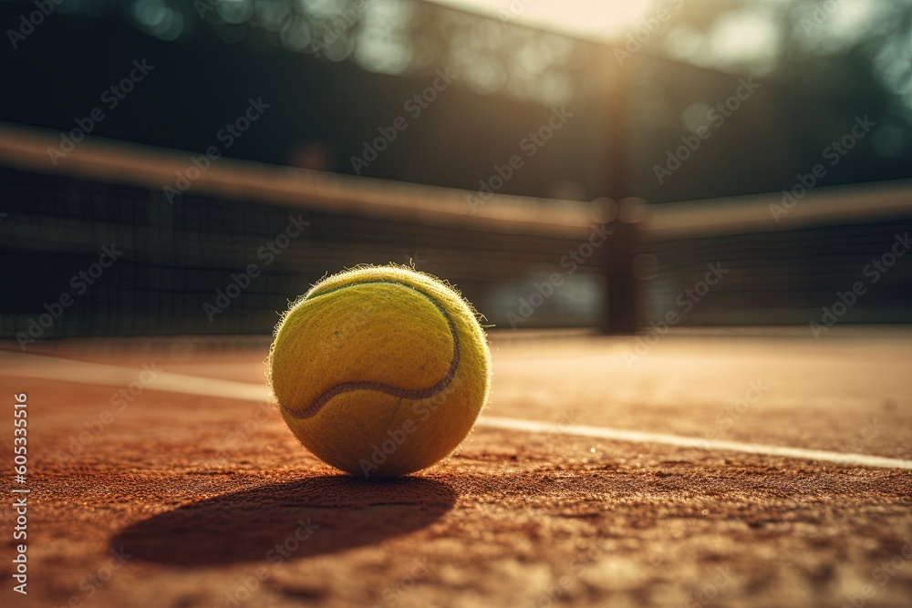 Yellow tennis ball on tennis court .Generative AI