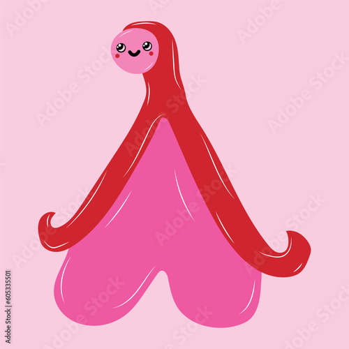 Reproductive system of the clitoris with kawaii eyes. Clitoral glans.Feminism theme and female genital organs. Vector in cartoon style.