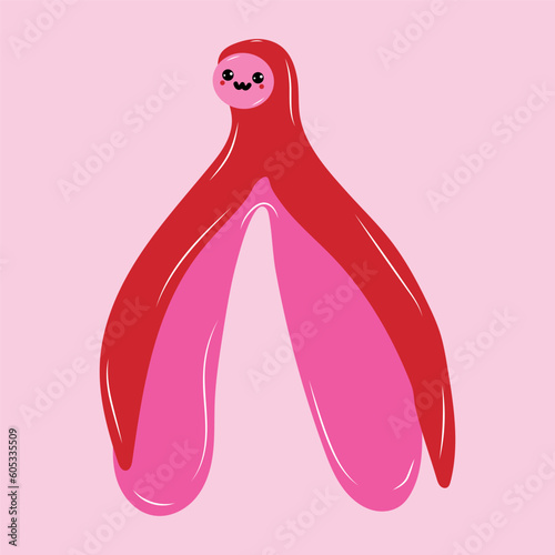 Reproductive system of the clitoris with kawaii eyes. Clitoral glans.Feminism theme and female genital organs. Vector in cartoon style.