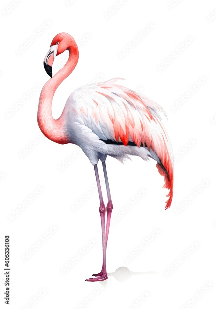 Fototapeta premium Pink flamingo isolated on white background in watercolor style. Generative AI.
