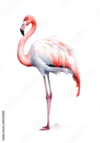 Pink flamingo isolated on white background in watercolor style. Generative AI.