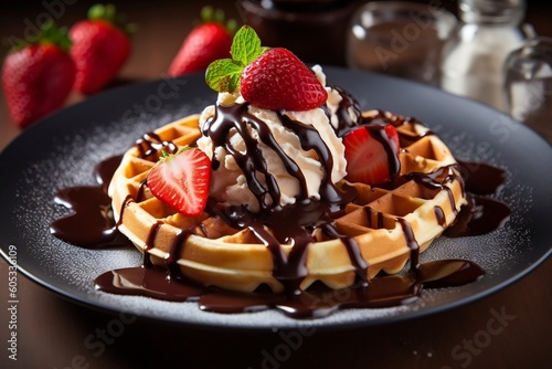 Belgian Waffles with Chocolate Sauce, Ice Cream, and Strawberries. AI