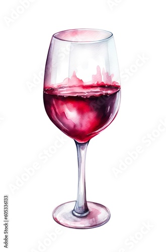 Glass of red wine on white background in watercolor style. Generative AI.