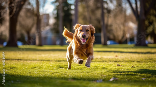 Playful pooch: A cute dog runs in the park. Generative AI