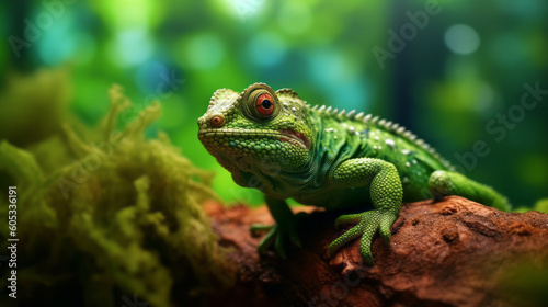 A green chameleon or lizard sitting on a rock. Generative AI