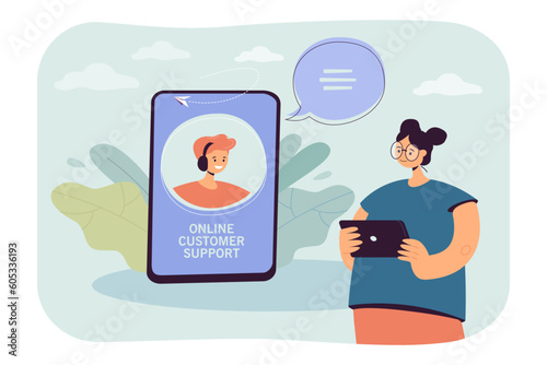 Young woman talking to web consultant vector illustration. Cartoon virtual assistant advising client via chat messenger app on smartphone. Online customer support, artificial intelligence concept