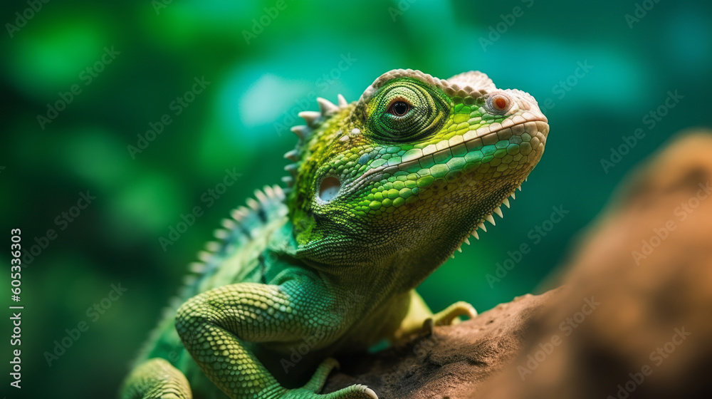 A green chameleon or lizard sitting on a rock. Close up Generative AI