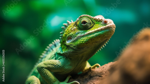 A green chameleon or lizard sitting on a rock. Close up Generative AI