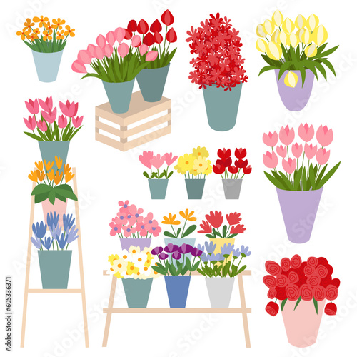 Different kinds of flowers bouquets in vases set. Vector flowers bouquets for flower shop flat illustration