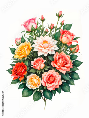 Colorful roses on white background, watercolor style. Bud and flowers of roses on white background, watercolor hand drawing, botanical painting
