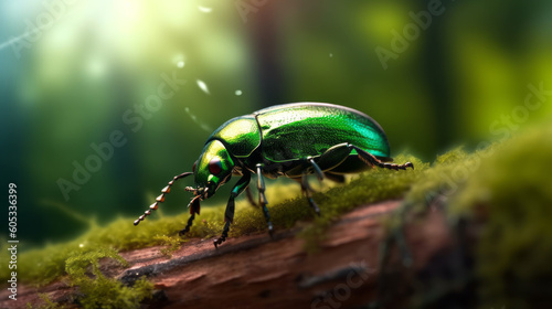 A shiny metallic green bug or beetle standing on a leaf. Close up shot. Generative AI.
