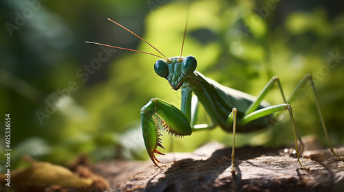 A close up of a green preying mantis. Generative AI