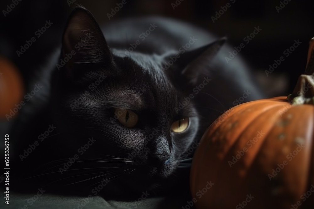 a black cat next to a scary pumpkin