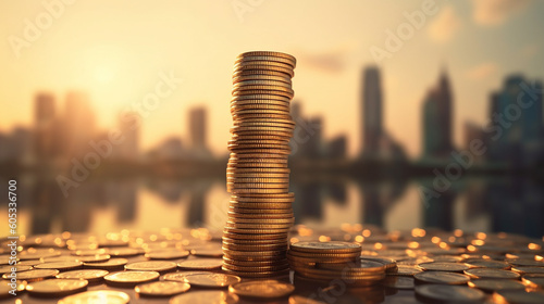 Stacked of coin money tall as towers in sun rise, financial business concept, AI generative