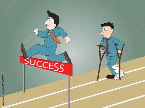 A man jumping over hurdle and man standing injured