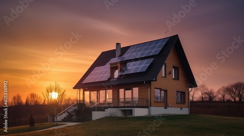 Family house with solar panels and sunrise solar energy system Sunset.