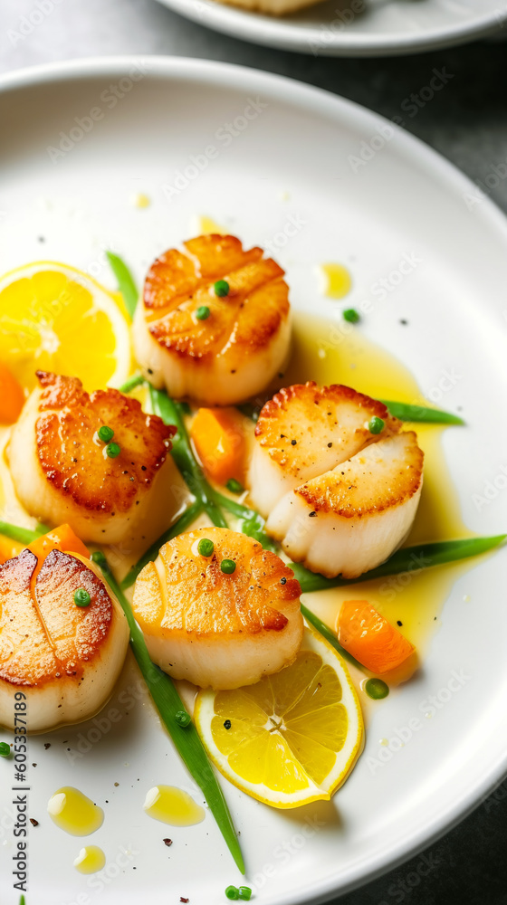Delicious scallops seared in butter with peas and butternut squash and herbs. Nutritious seafood