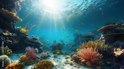 Underwater Scene With Coral Reef Underwater Blue Tropical Seabed With Reef And Sunbeam © aporn