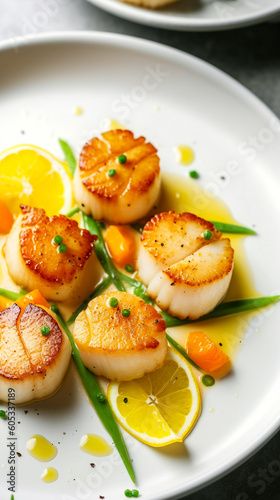 Konstfotografi Delicious scallops seared in butter with peas and butternut squash and herbs