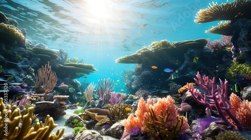 Underwater Scene With Coral Reef  Underwater Blue Tropical Seabed With Reef And Sunbeam