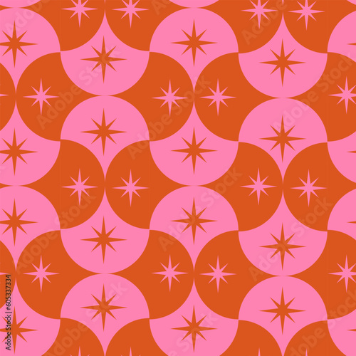 Pink and orange mid century starbursts on scallop  geometric shapes seamless pattern. For fabric, wallpaper, home decor 