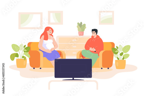 Happy pregnant wife and husband watching TV at home. Married couple sitting in armchairs and watching television together vector illustration. Pregnancy, family, recreation, entertainment concept