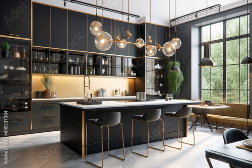 Luxury kitchen in art deco style with golden, black and white colors. Super photo realistic background, generative ai illustration