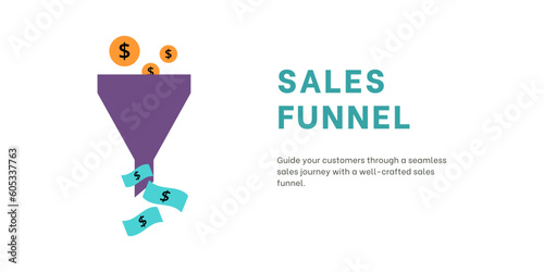 Sales Funnel Banner on Light Background. Stylish Banner with Blue and Black Text and Colored Icons for Business and Marketing