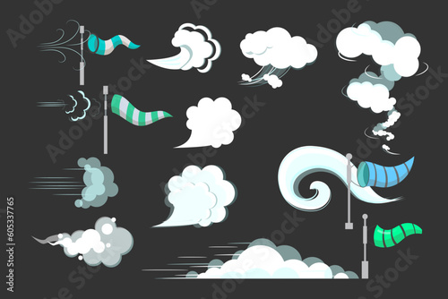 Streams of air and wind socks vector illustrations set. Collection of cartoon drawings of clouds or puffs or air, colorful windsocks on black background. Climate, weather, meteorology concept
