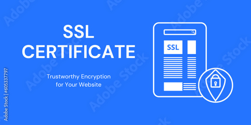 SSL Certificate Banner on Blue Background. Stylish Banner with White Text and Icons for Business and Marketing