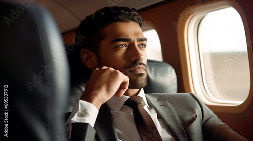 Motivated Indian businessman. a man in a suit sitting in an airplane. Generative Ai © PETR BABKIN