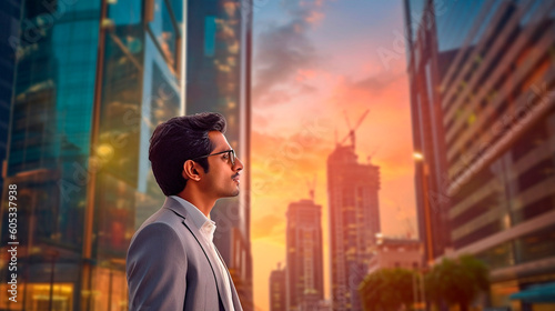 Motivated Indian businessman. businessman looking at cityscape at sunset. Generative Ai