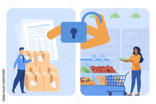 Lifting restrictions on food import vector illustration. Transporting product supplies to supermarkets, sanctions or ban cancellation. Agriculture, transportation, food, commerce concept