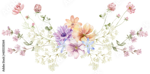 Watercolor Bouquet with Wildflowers. Multicolor Flowers. Design for Card on the white Background.