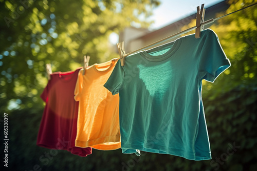 Colorful blank t-shirt hanging in back yard. Clothes waste and fast fashion concept.  Generative AI