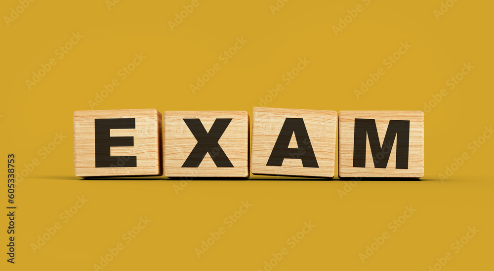 Wooden blocks Exam word concept isolated background 3d illustration Wooden blocks Exam word concept isolated background 3d illustration